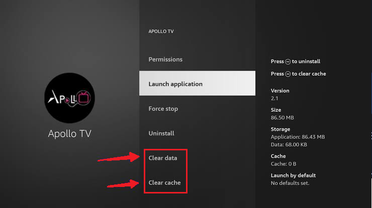 Amazon Appstore app settings on Fire TV showing cache and data cleanup options.