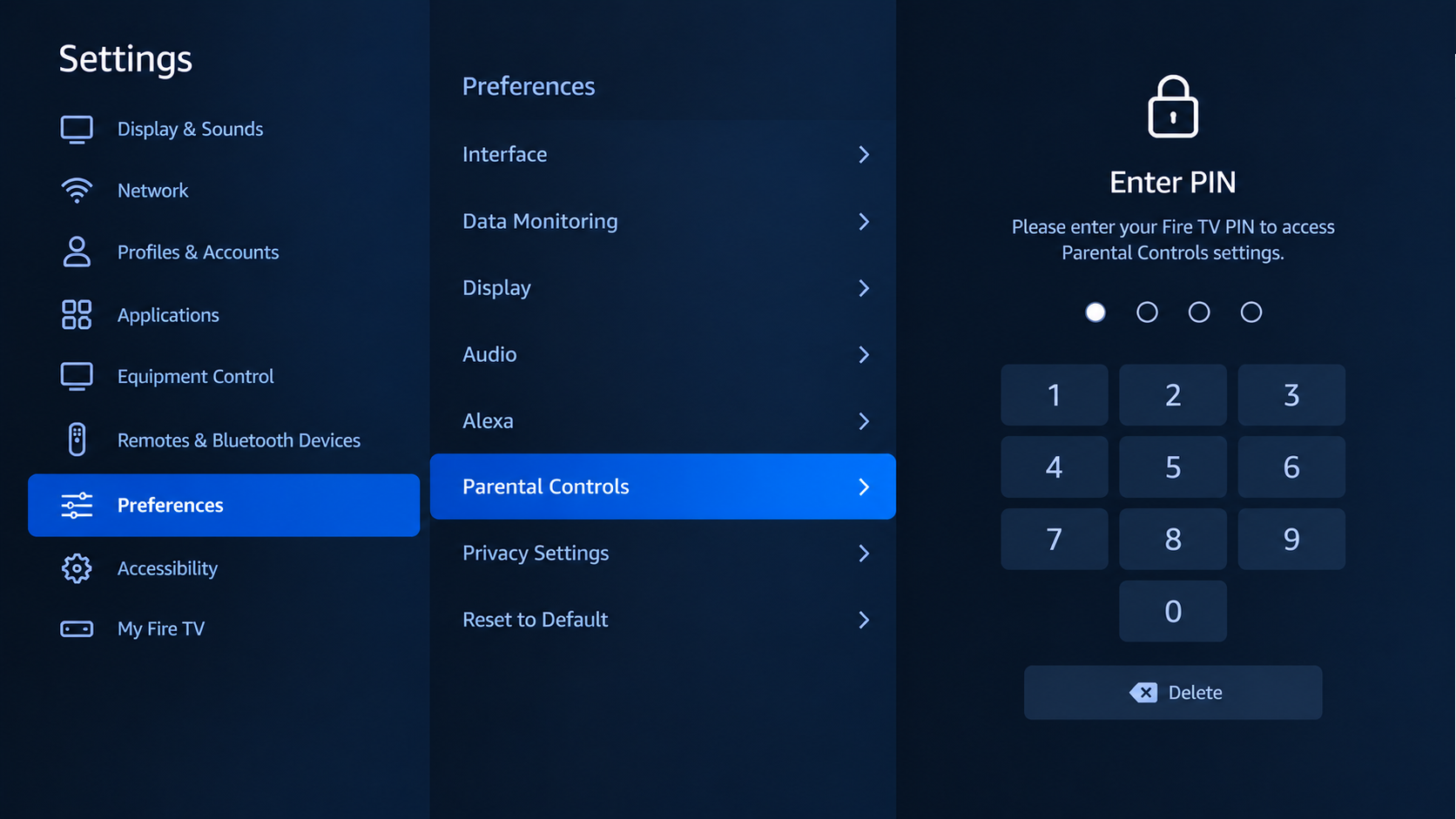 Fire TV Parental Controls screen checking app launch and purchase restrictions.