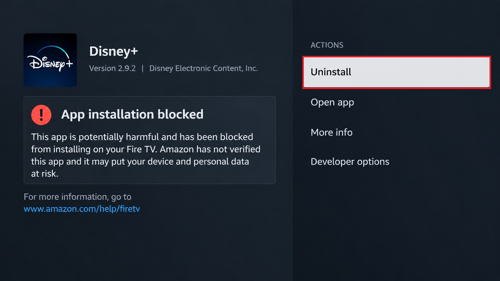 Fire TV warning screen showing App disabled and asking whether to uninstall the app.