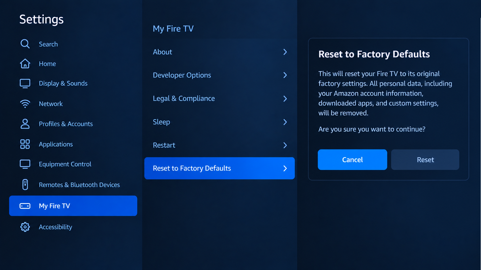 Fire TV Stick settings screen showing Reset to Factory Defaults.