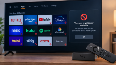 Fire TV Stick showing an App disabled or App installation blocked warning after a software update.