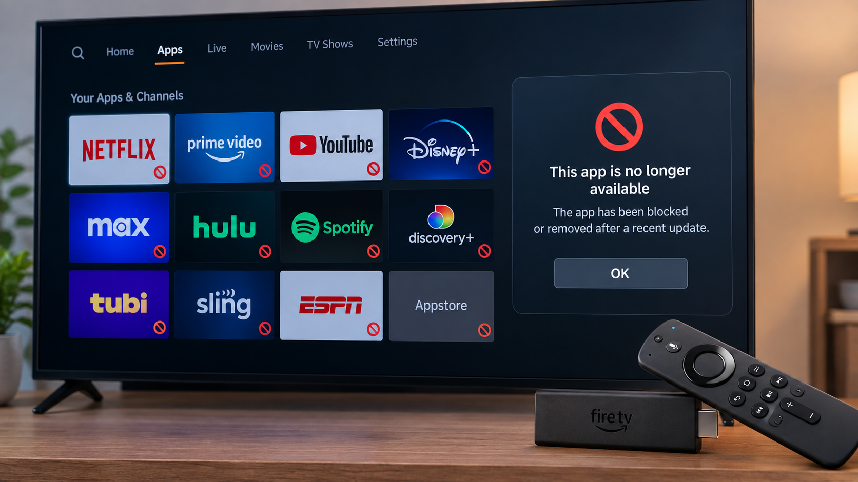 Fire TV Stick showing an App disabled or App installation blocked warning after a software update.