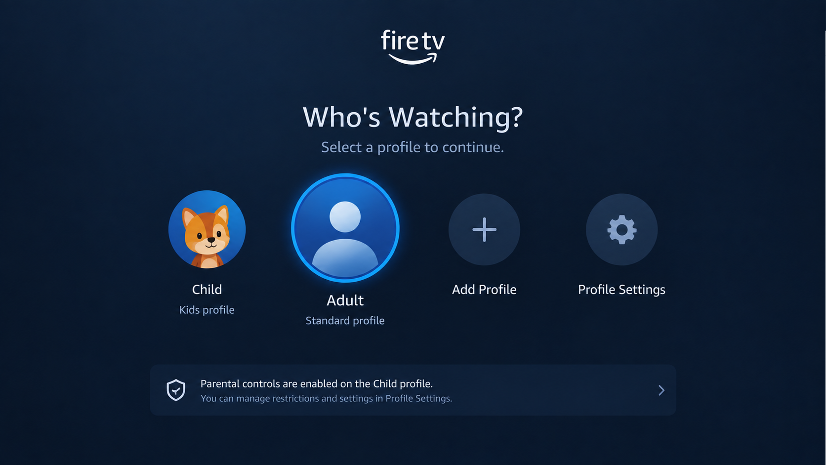 Fire TV profile menu switching from a child profile to an adult profile.