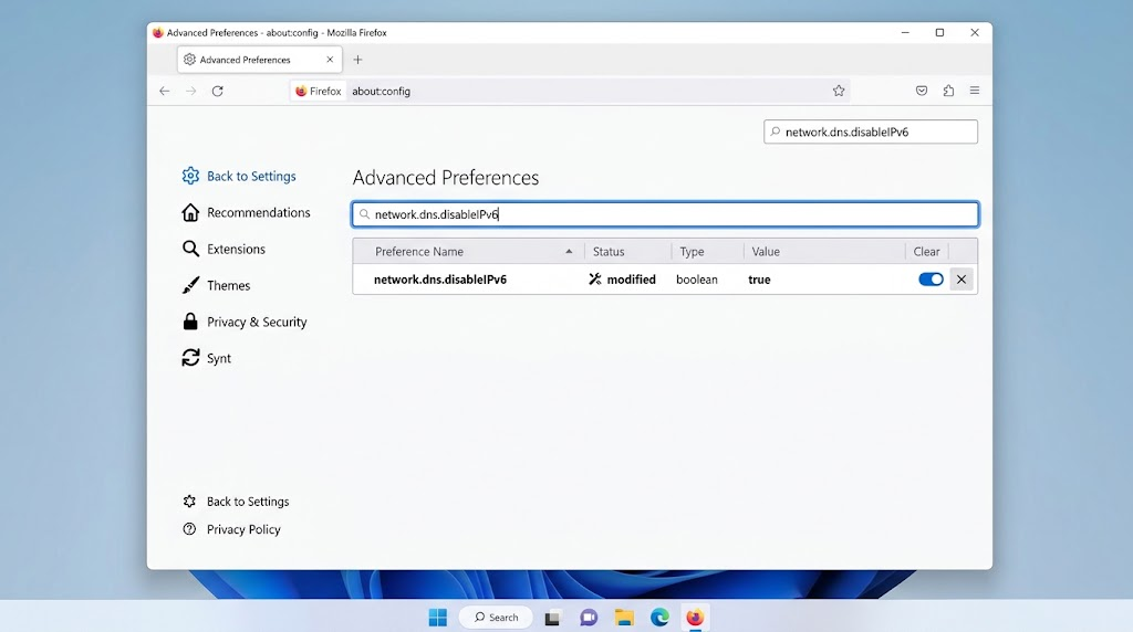 Firefox about config page setting network.dns.disableIPv6 to true.