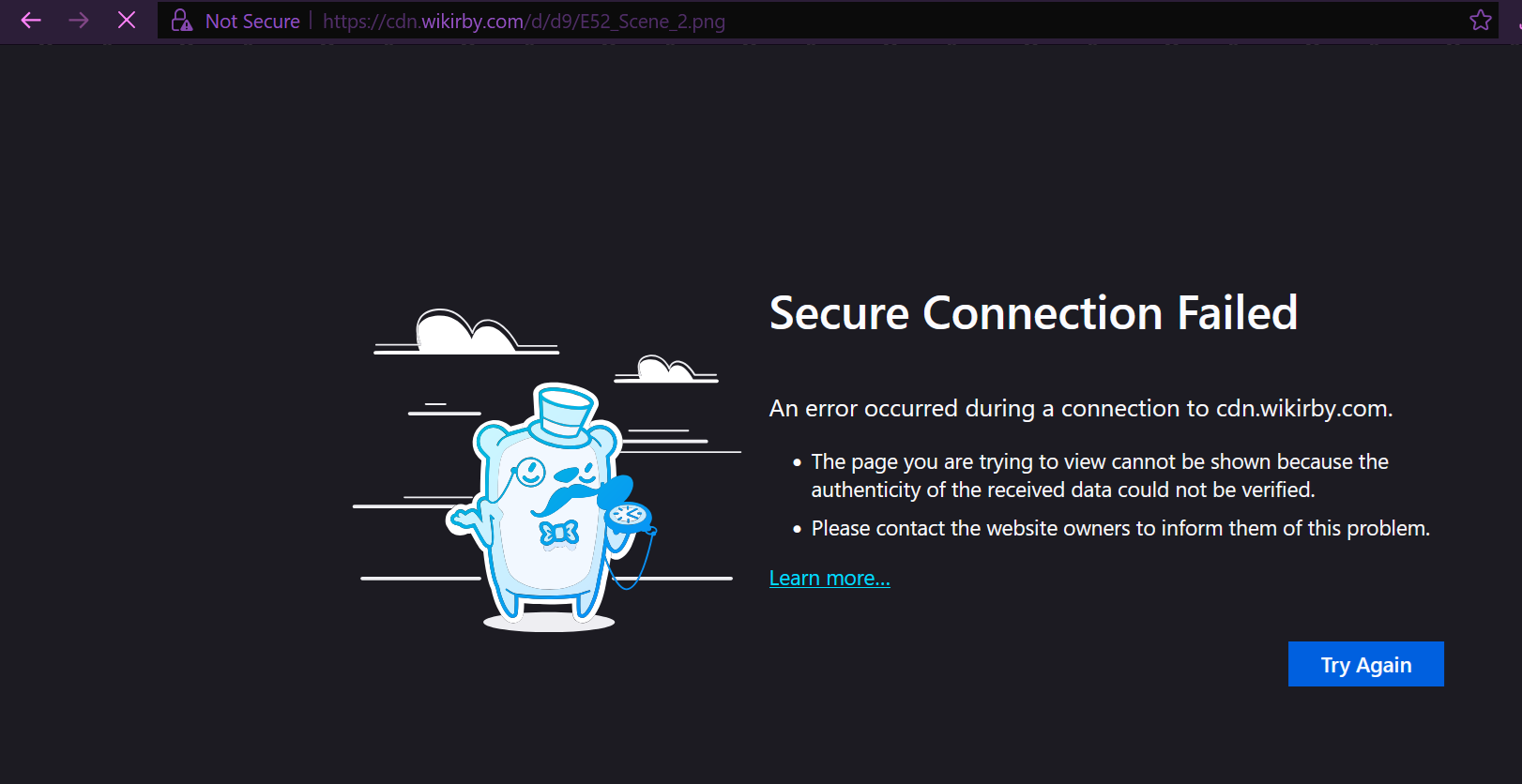 Firefox showing a website loading error while the same website is open in another browser.