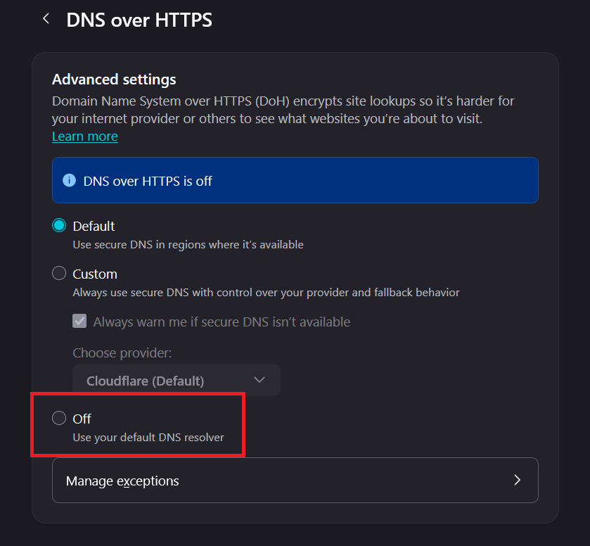 Firefox DNS over HTTPS settings changed from strict protection to Default or Off.