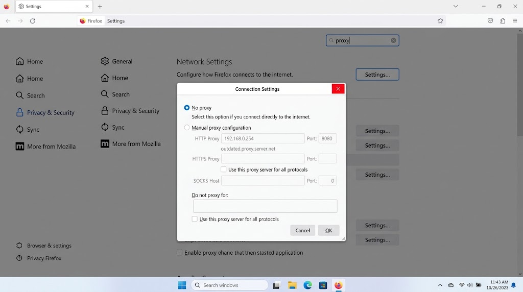 Firefox Connection Settings window set to No proxy while fixing website loading problems.