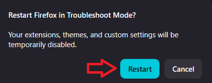 Firefox Troubleshoot Mode prompt used to test whether extensions or custom settings block websites.