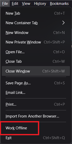 Firefox File menu showing Work Offline unchecked while troubleshooting websites not loading.