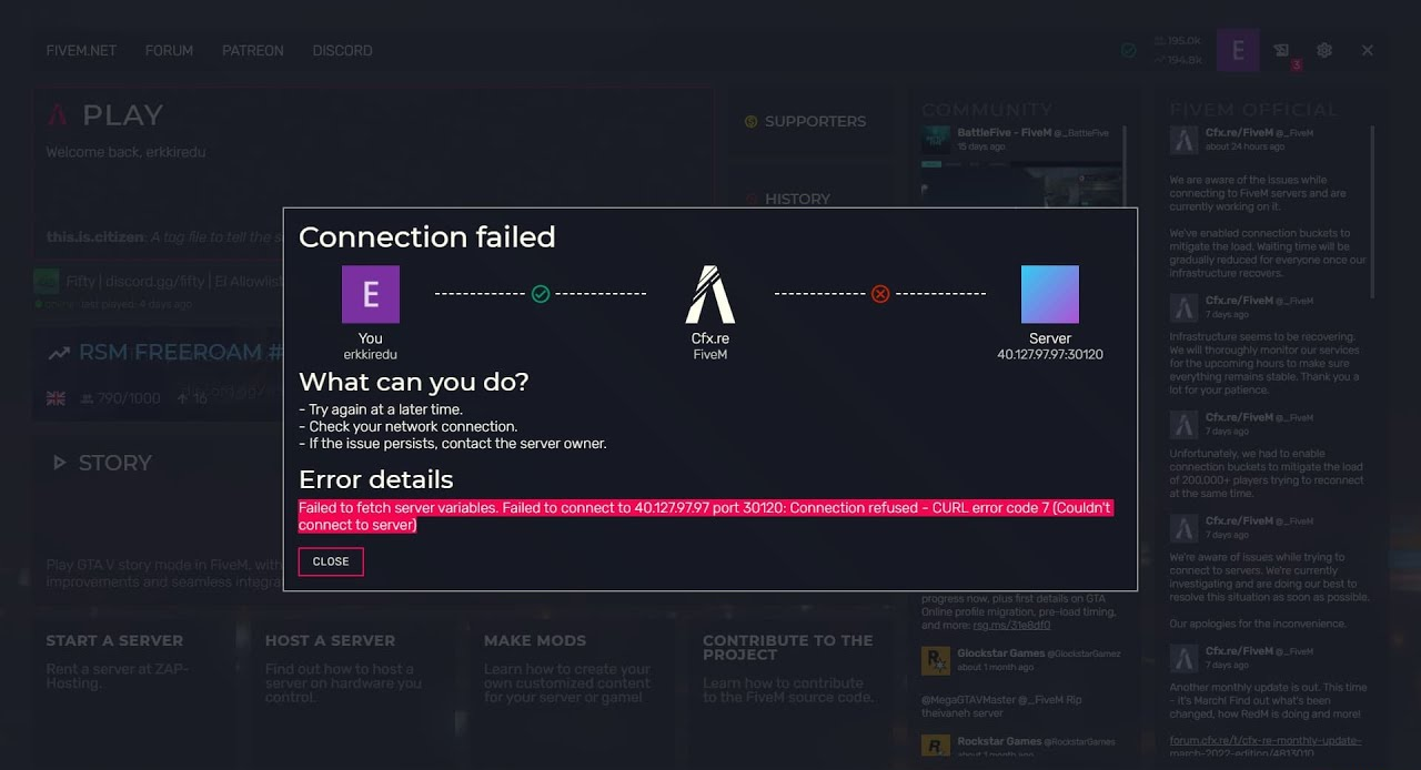 FiveM Connection failed dialog showing a server-variable timeout and its CURL error number.