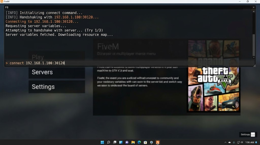 FiveM displaying the intended server during a connection test with its current join details.