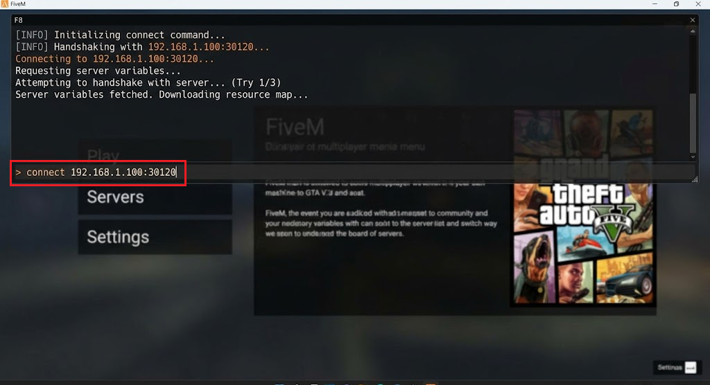 FiveM F8 console with a connect command using an owner-approved server address and port.