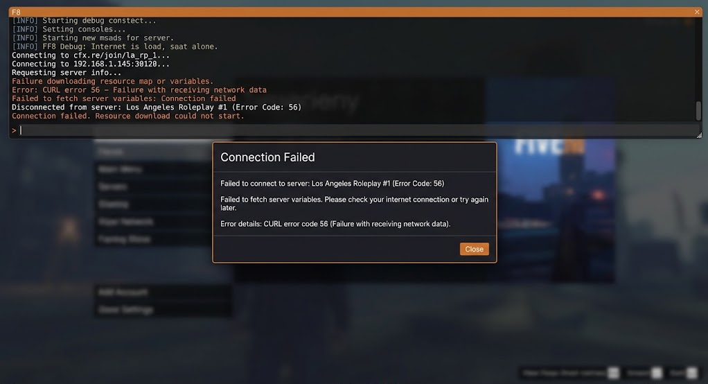 FiveM F8 console showing the complete error from a failed server connection.