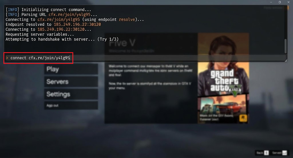 FiveM F8 console with connect cfx.re/join/y4lg95 entered for the official test server.