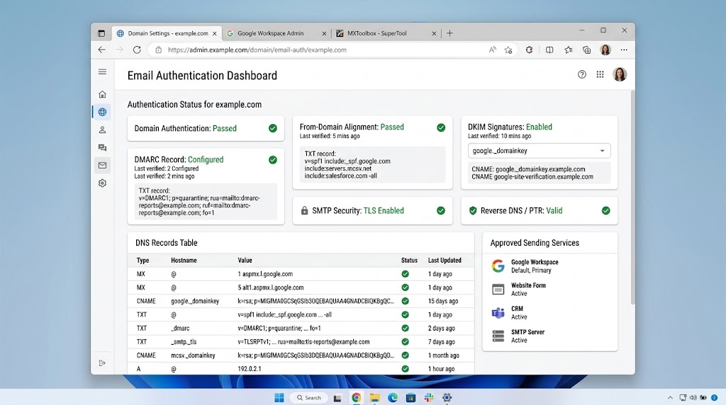 DNS records for SPF DKIM and DMARC being checked for a custom domain after Gmail blocks outgoing mail.