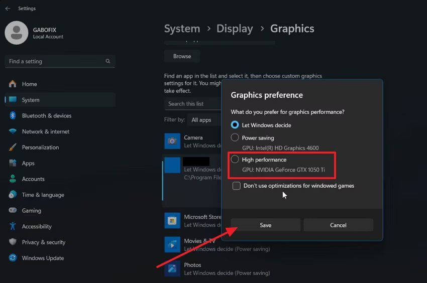 Windows Graphics settings assigning Call of Duty to the high performance dedicated GPU.