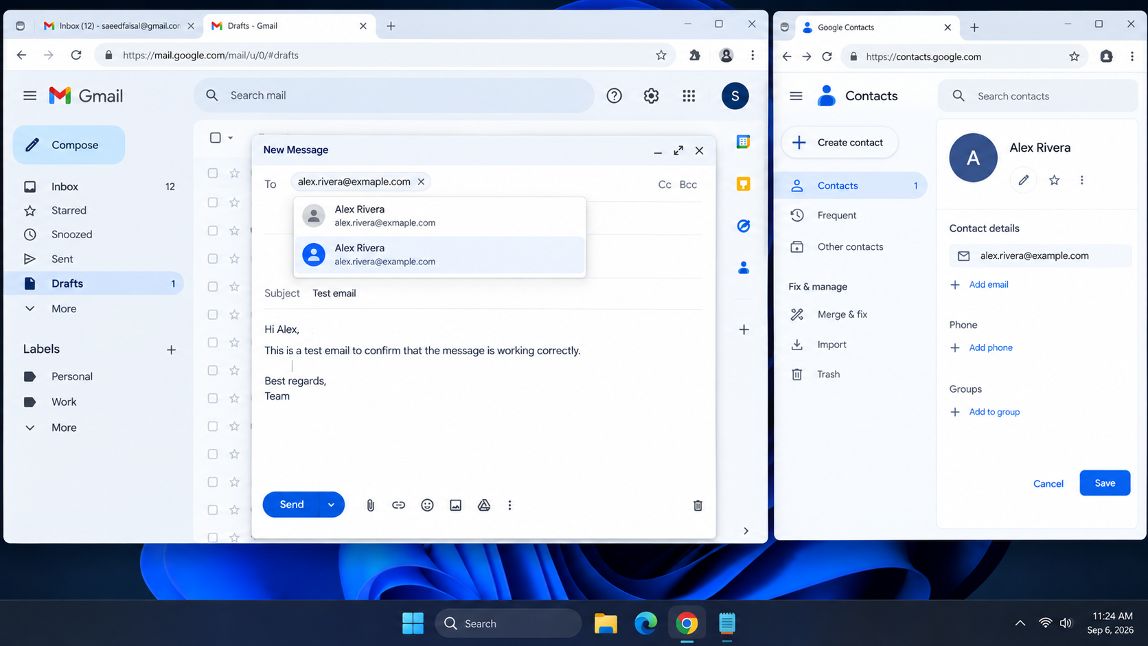 Gmail recipient address and Google Contacts entry being checked for typos after a blocked message.