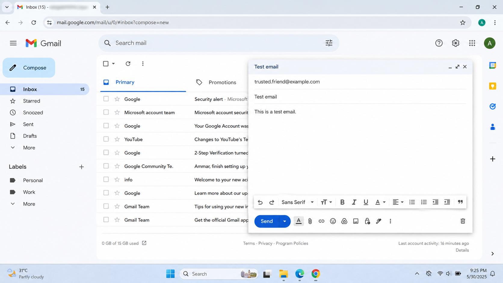 Gmail compose window sending a short plain text test email with no links or attachments.