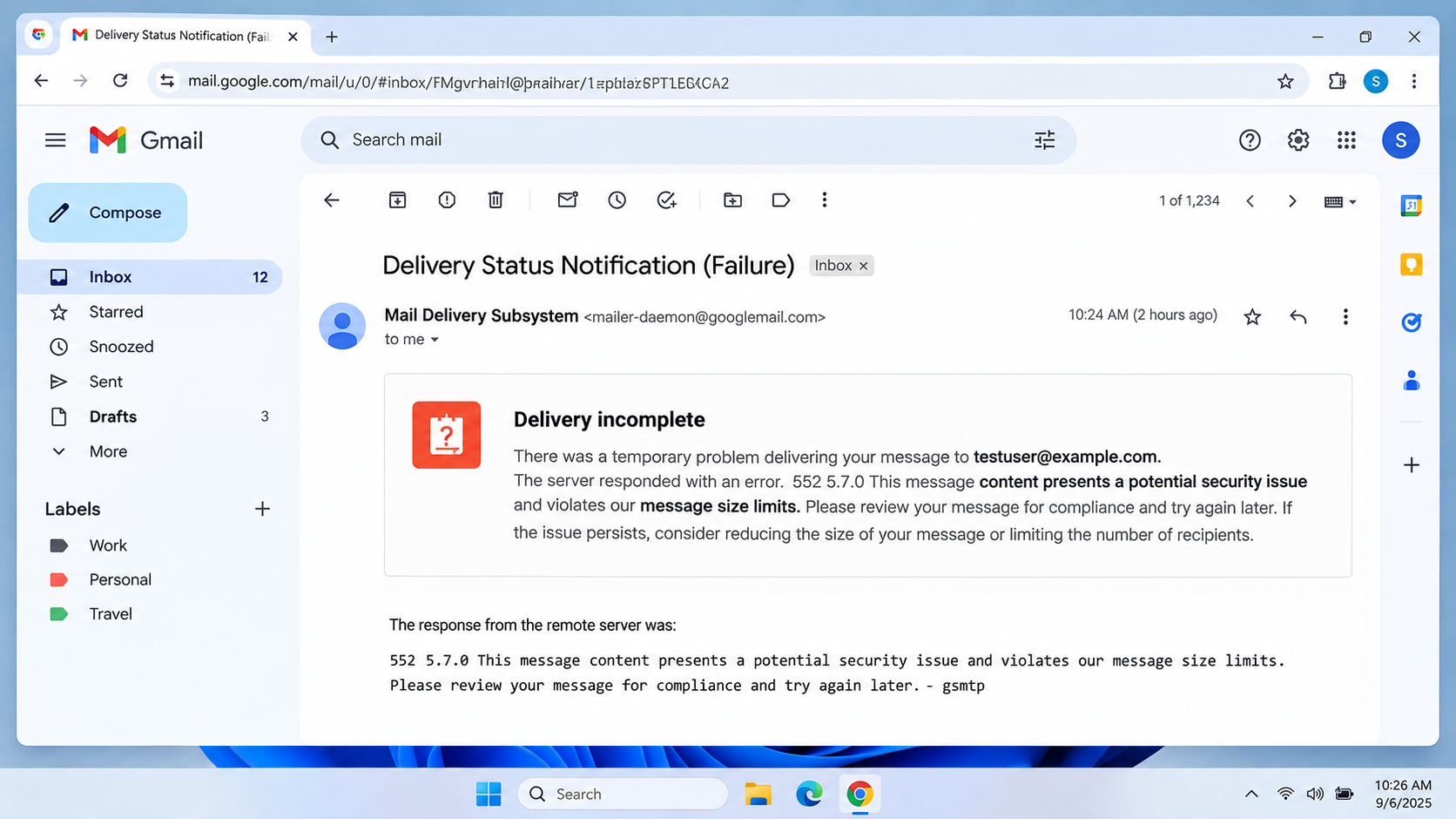 Gmail Delivery Status Notification email showing technical details for a blocked outgoing message.