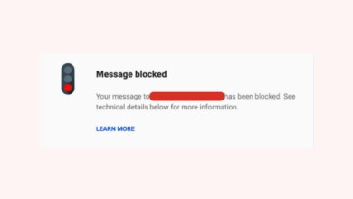 Gmail showing a Message blocked delivery failure after an outgoing email was rejected.