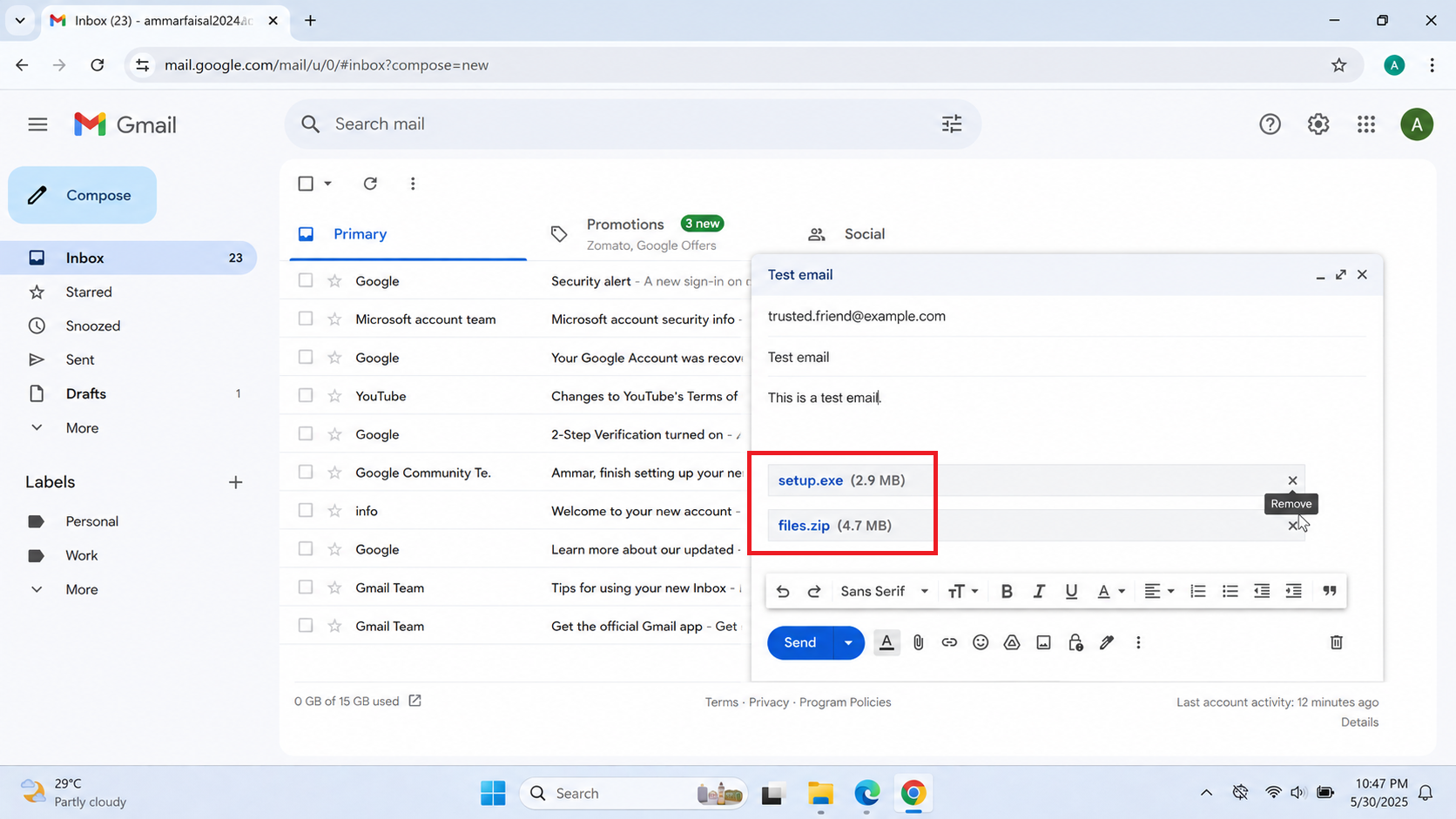 Gmail draft with blocked executable and compressed archive attachments removed before resending.