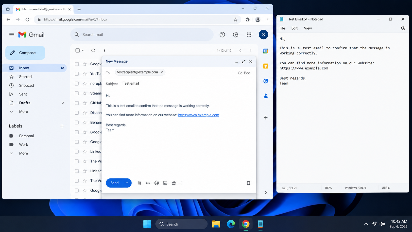 Gmail draft being simplified by removing shortened links images and heavy HTML formatting.