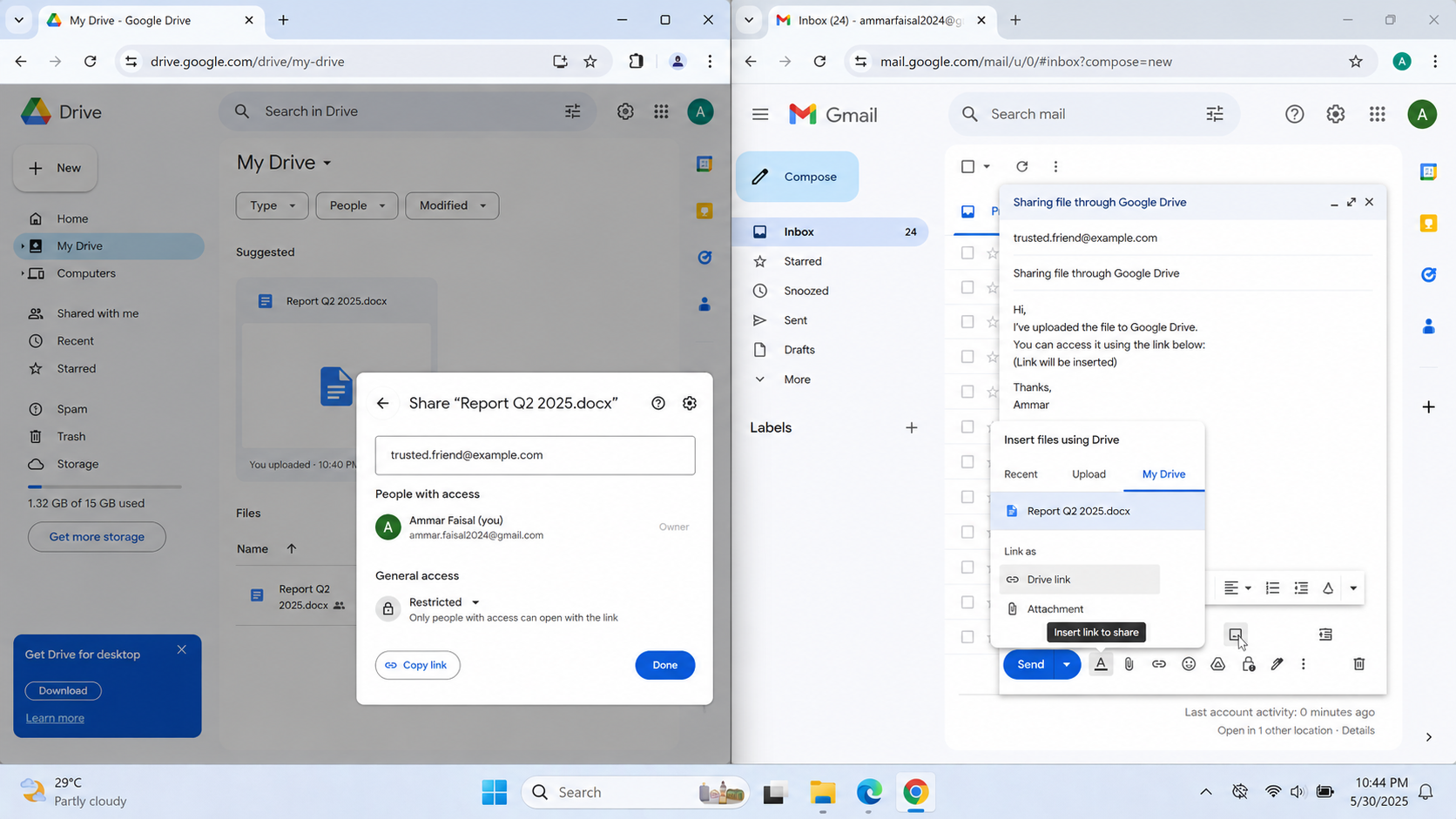 Gmail Insert files using Drive window adding a Google Drive link instead of a large email attachment.