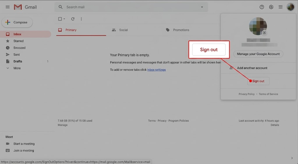 Gmail signed into one account in an incognito browser window to test a blocked outgoing message.