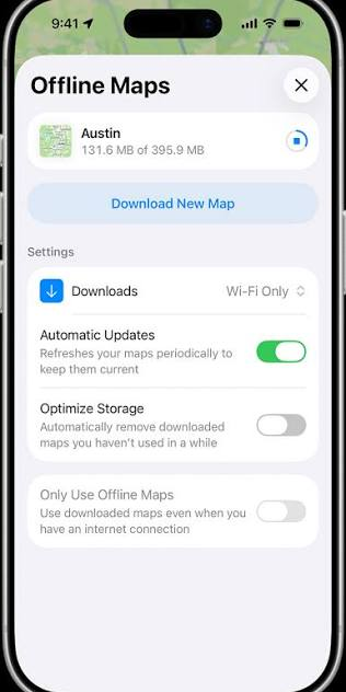 Google Maps Offline maps screen listing downloaded areas.