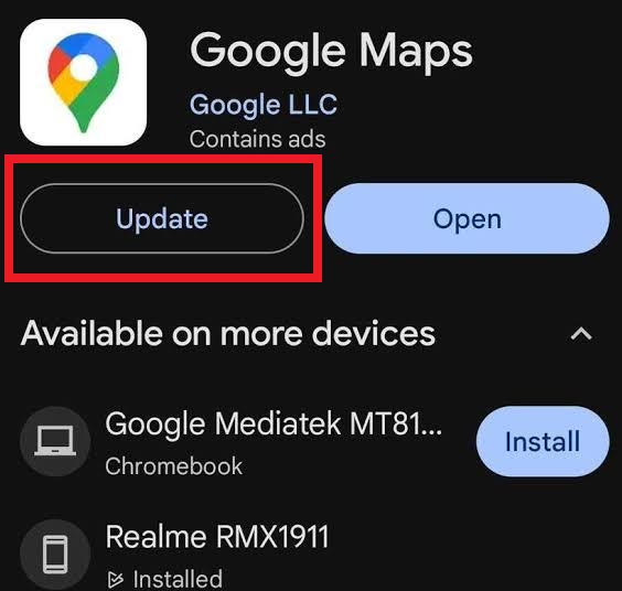 Official Google Maps store listing showing the Update button when an update is available.