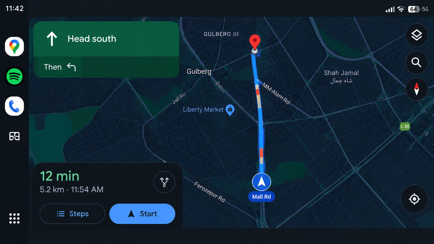 A parked car's frozen Google Maps display beside the connected phone with Maps open.
