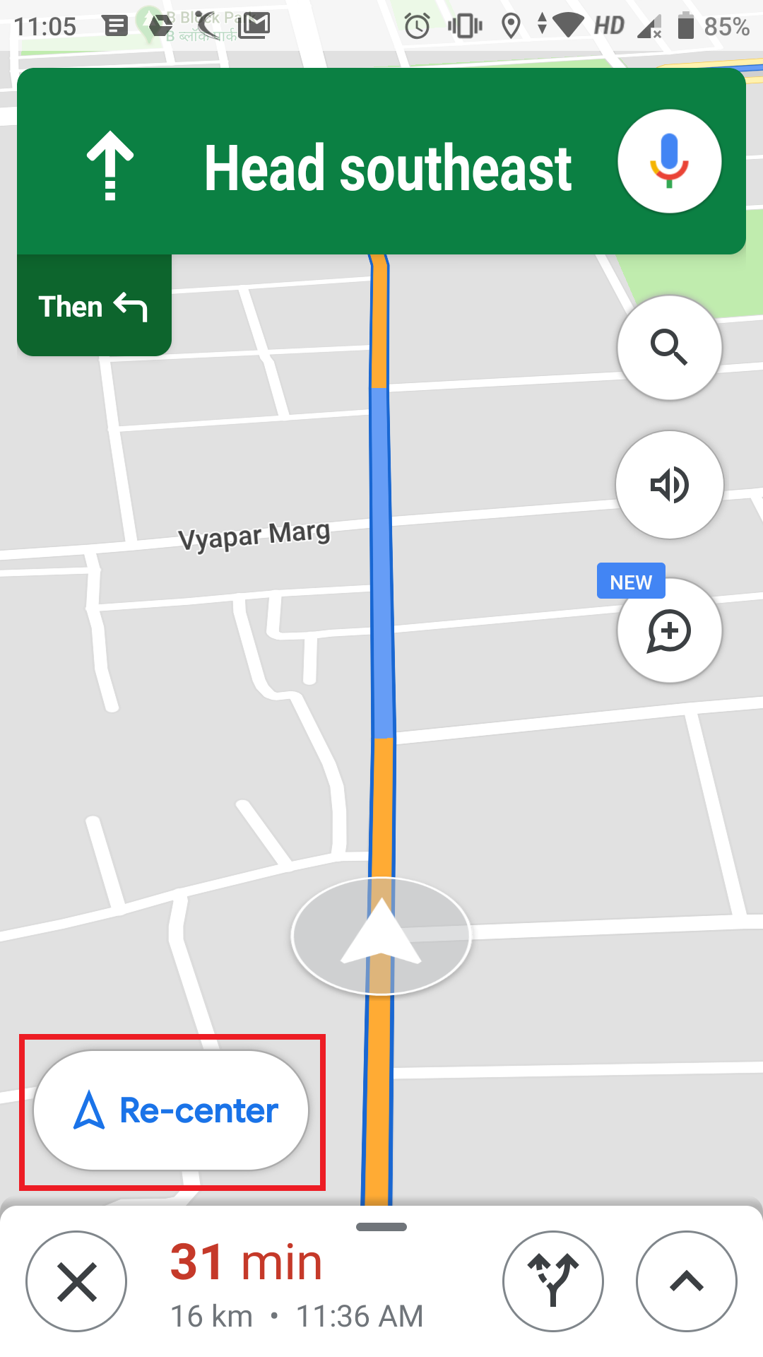 Google Maps navigation with the Re-center button visible after moving the map manually.