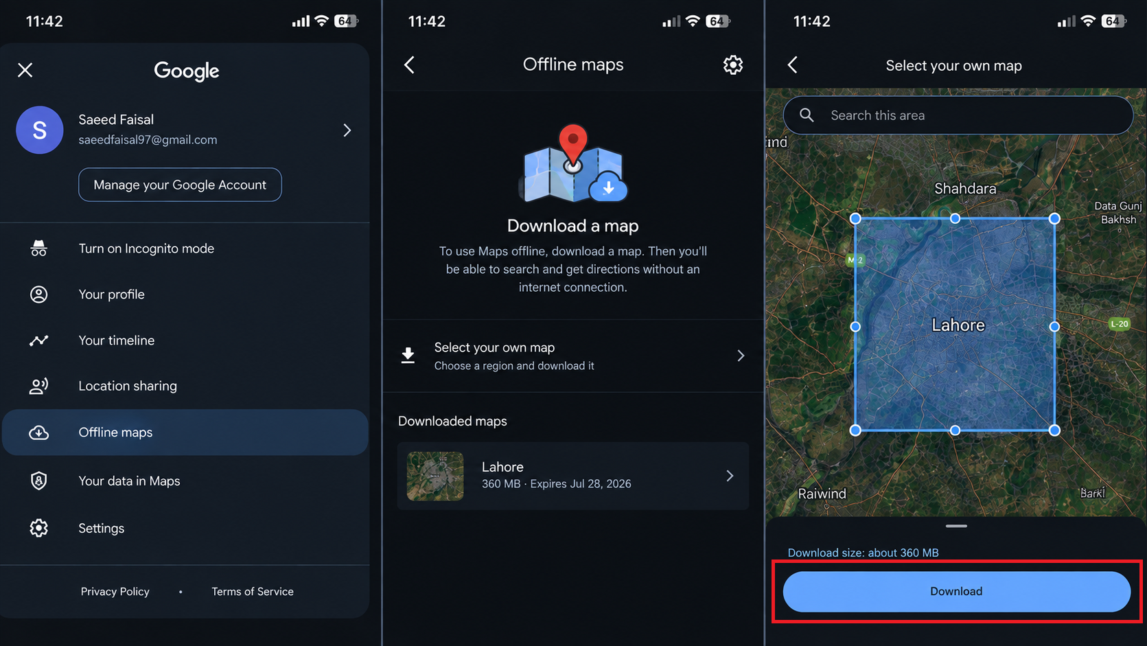Google Maps Select your own map screen defining an area for download.