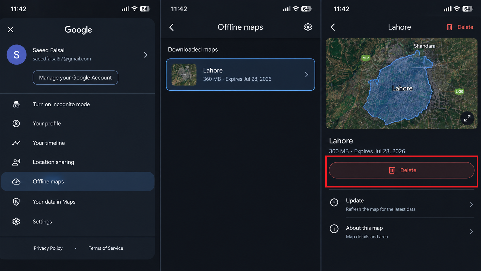 Google Maps Select your own map screen defining an area for download.