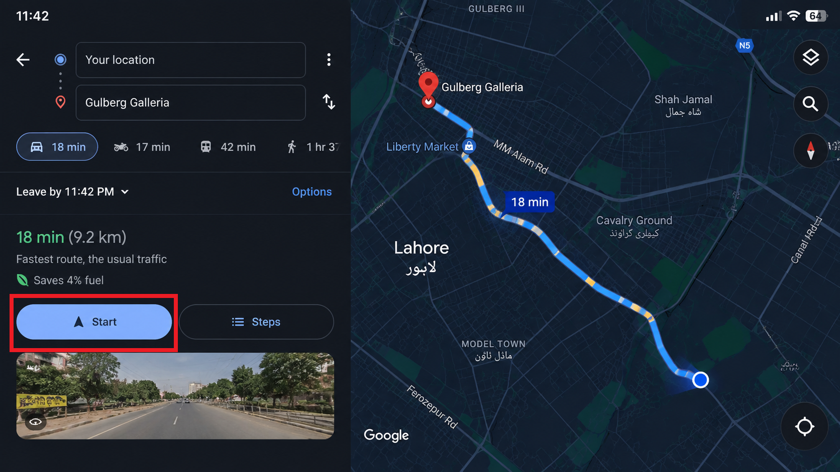 Google Maps directions with Your location as the starting point and Start available.