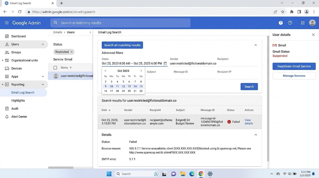Google Workspace Admin console Email Log Search and user Gmail suspension status checked after Message blocked errors.