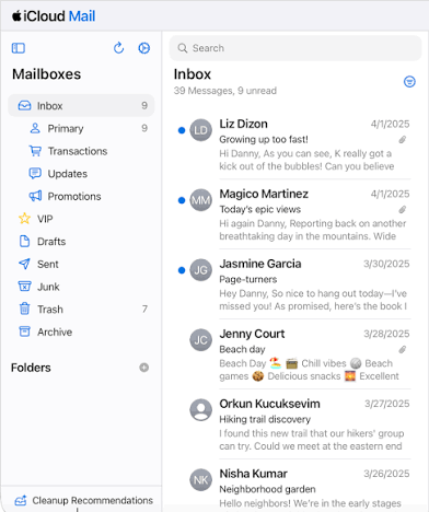 iPhone and Mac Mail showing no new iCloud Mail messages while iCloud webmail is checked in a browser.