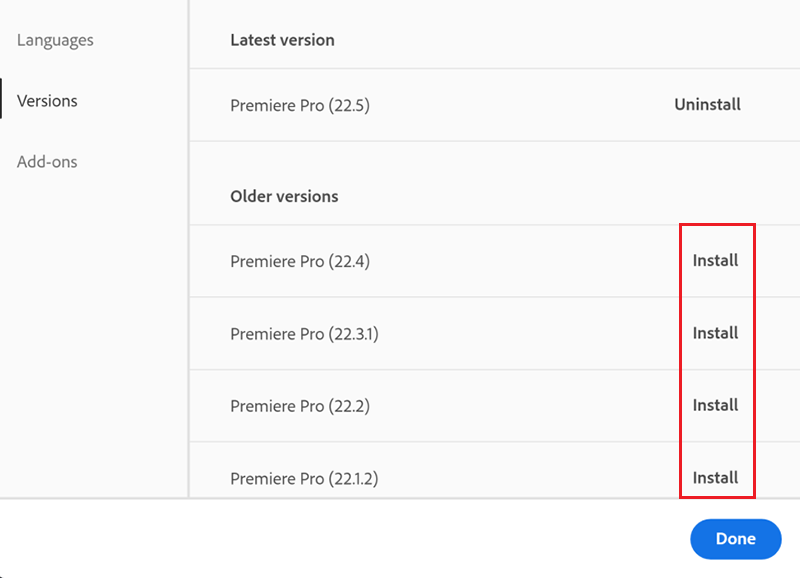 Creative Cloud desktop app showing More actions and Other versions for Premiere Pro.