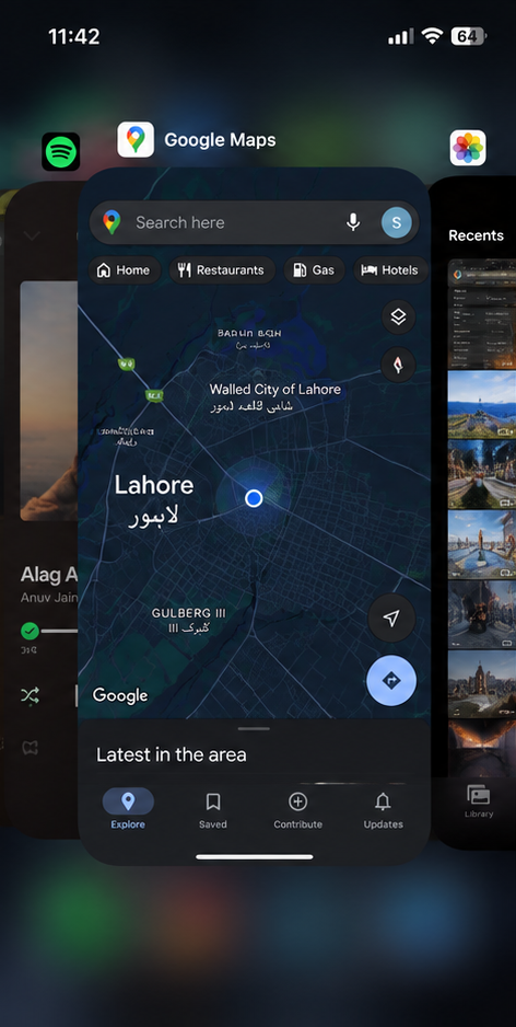 iPhone App Switcher with the Google Maps card ready to swipe up.