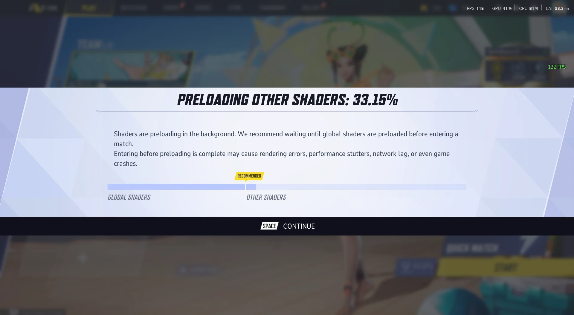 Marvel Rivals main menu showing its shader-preloading progress indicator.