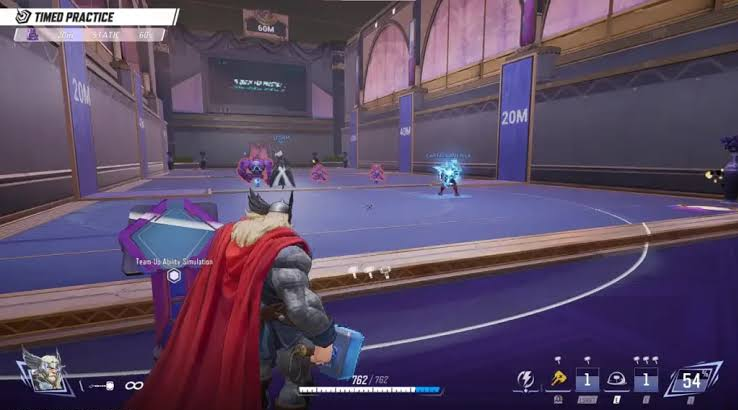 Marvel Rivals Practice Range showing a fully loaded hero and effects during a stability check.