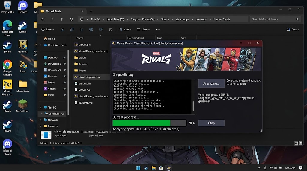 Marvel Rivals client_diagnose utility with its Analyze button visible.