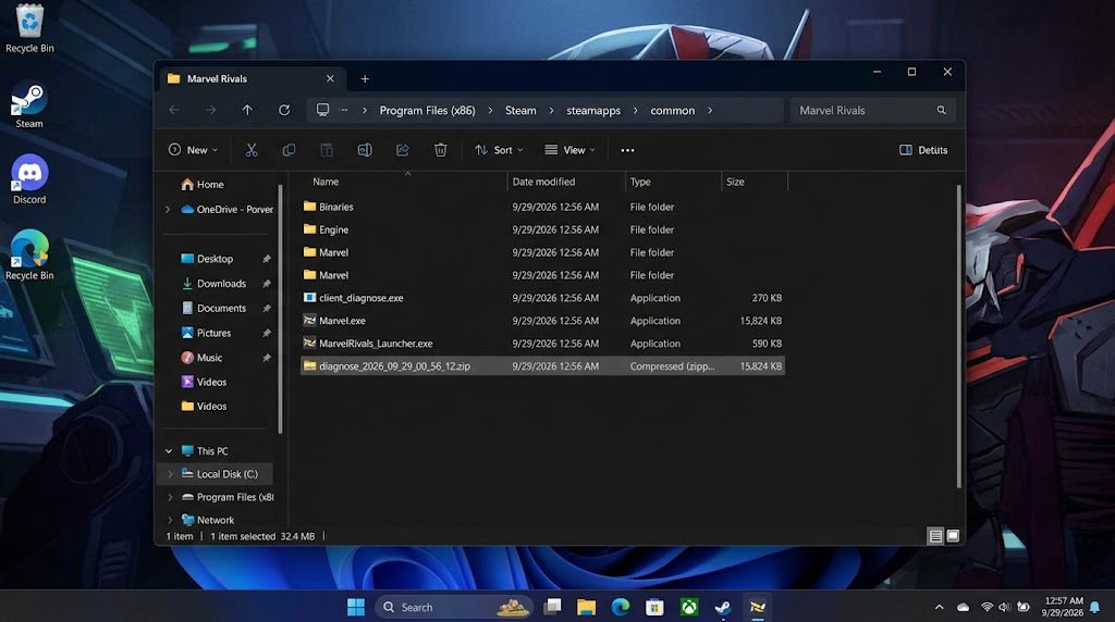 File Explorer showing the diagnostic ZIP archive generated by Marvel Rivals with personal information concealed.