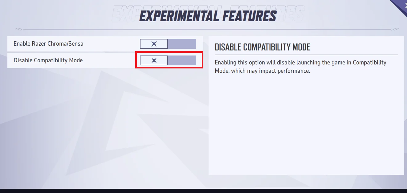 Marvel Rivals launcher with the option named Disable Compatibility Mode switched on.