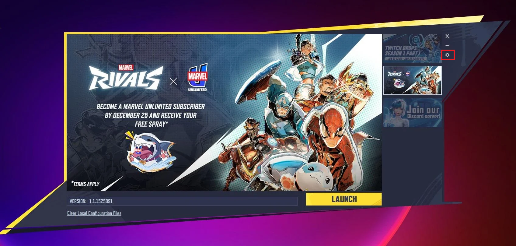 Marvel Rivals PC launcher with the settings gear beside the launch button highlighted.