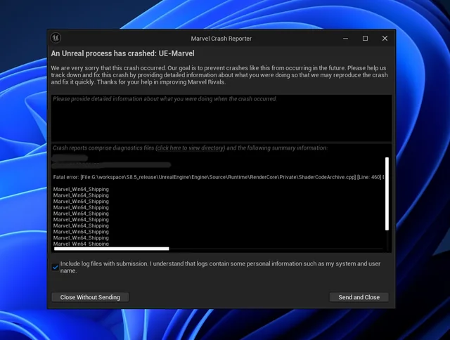 Marvel Rivals crash reporter displayed after gameplay stops on a Windows PC.
