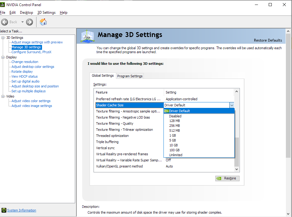 NVIDIA Control Panel Manage 3D settings Global Settings with Shader Cache Size selected.