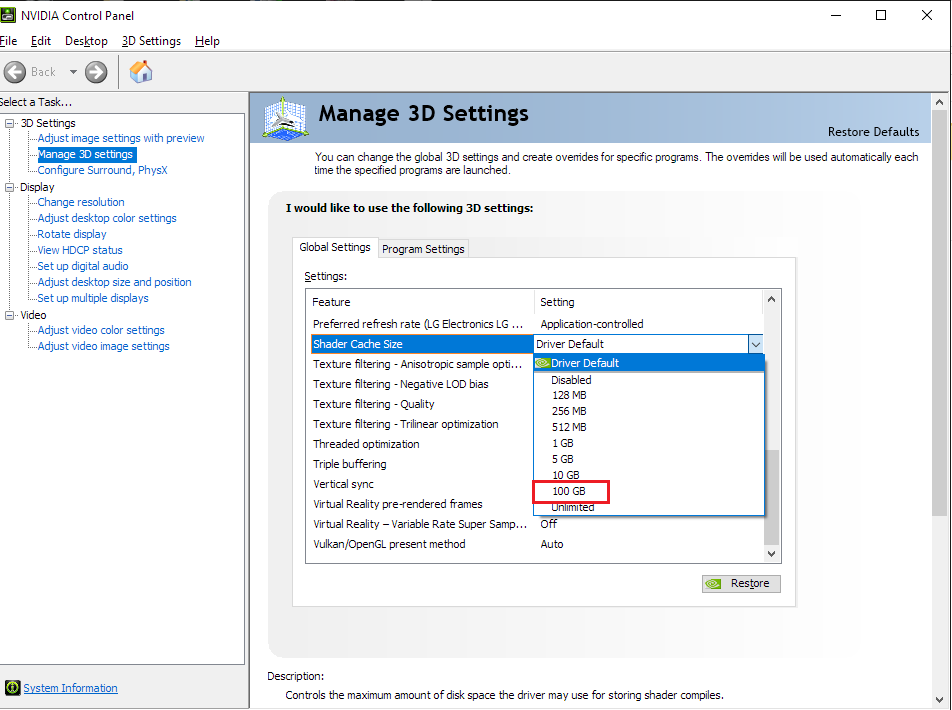 NVIDIA Control Panel showing the 100 GB Shader Cache Size option before applying the change.