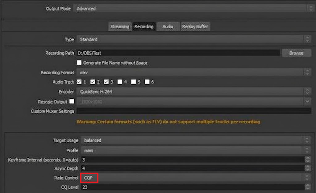 OBS AMD HW AV1 recording settings with Rate Control set to CQP.