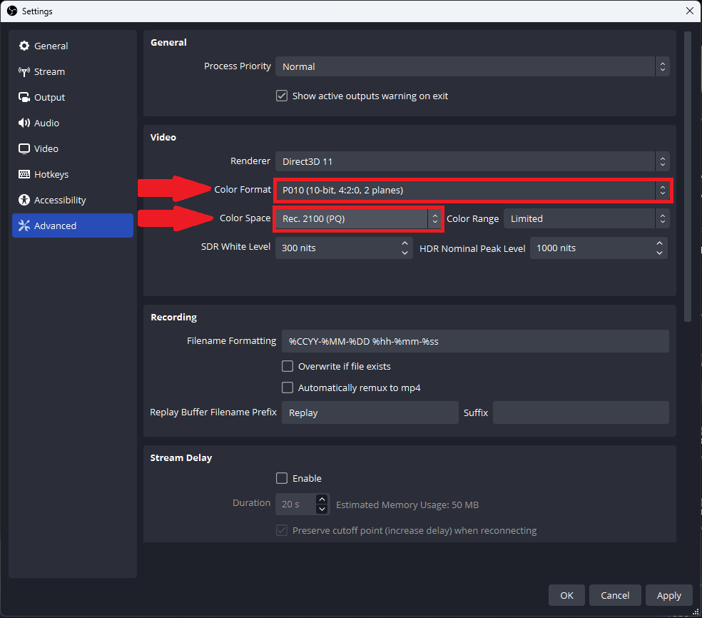 OBS Advanced Video settings showing the existing P010 and Rec. 2100 PQ HDR configuration.